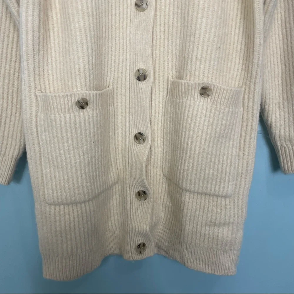 J.Crew Long Ribbed Cardigan Cream Ivory Size XS Wool Blend Pockets Ribbed Chunky